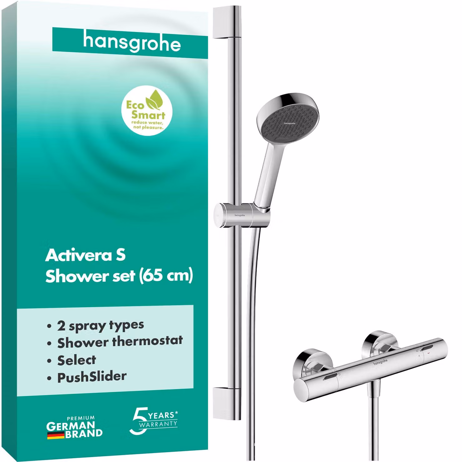 Set doccia con termostato, soffione a risparmio idrico, barra da 65 cm, finitura cromata