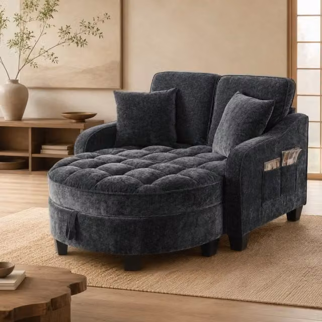 Divano letto MIVRAY 2 in 1 con pouf contenitore in tessuto nero e struttura in legno e metallo per piccoli spazi