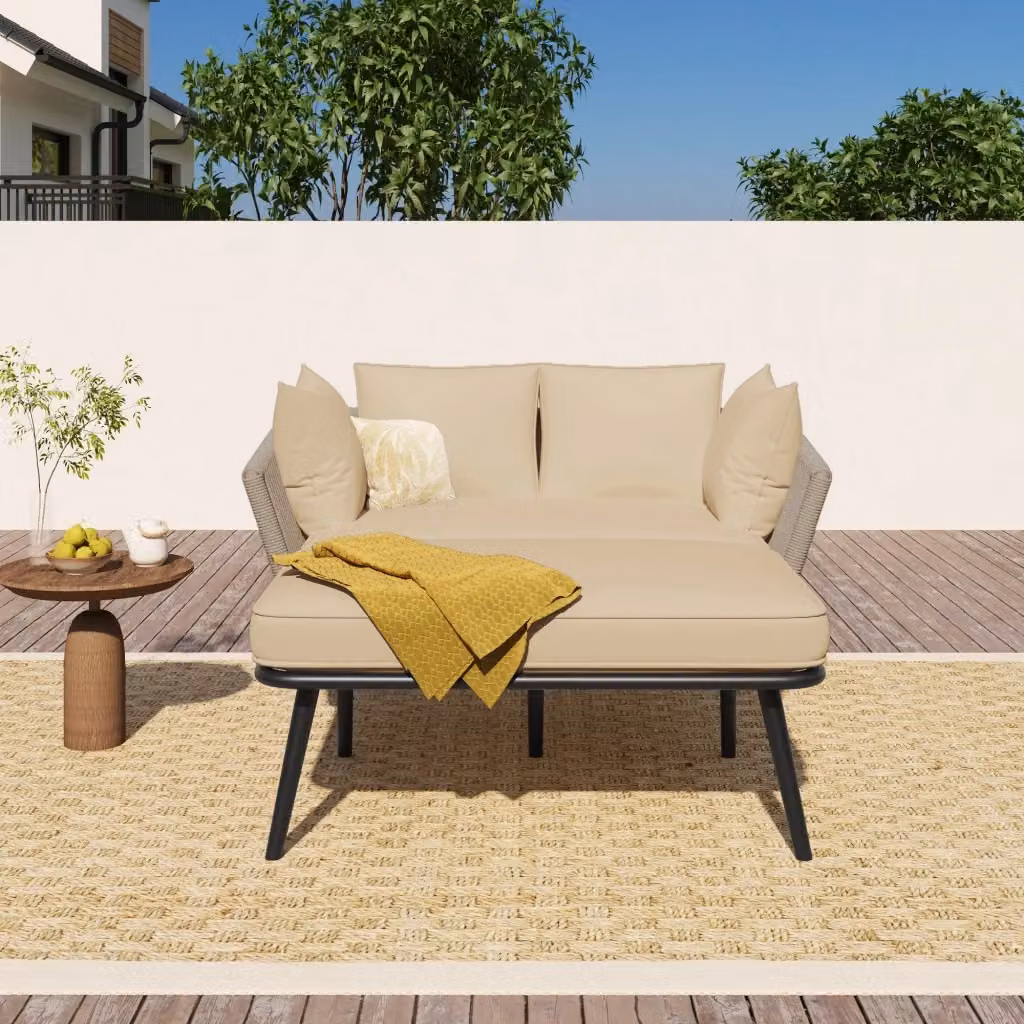 Lettino prendisole da giardino Outsunny in acciaio verniciato a polvere con braccioli e tessuto resistente ai raggi UV, disponibile in beige o nero – 2