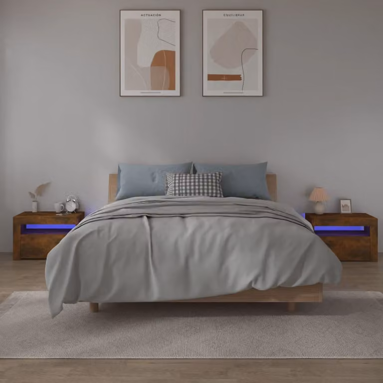 Set di 2 comodini vidaXL con luci LED integrate in rovere fumo, L: 60 cm, P: 35 cm, H: 40 cm