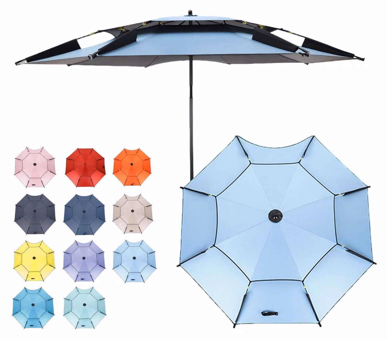 Ombrellone da spiaggia Angel Windfest con protezione UV 50+, colore azzurro chiaro, altezza 240 cm, completo di picchetto per fissaggio nel terreno