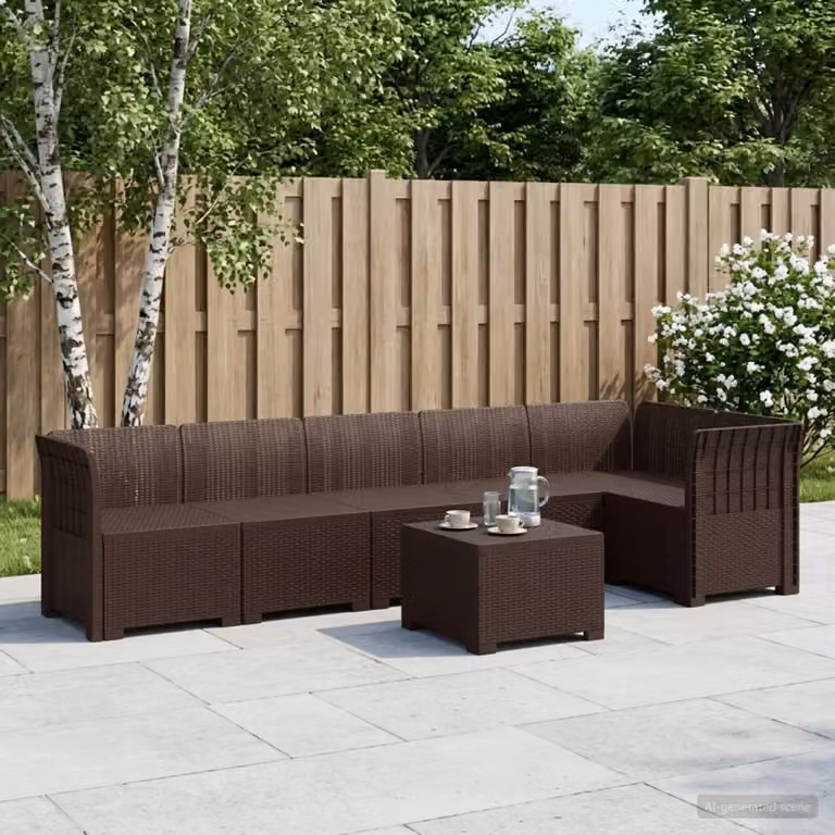 Set da giardino moderno vidaXL composto da divano angolare a L, elementi d'angolo, tavolino da caffè e cuscini in tessuto, design in rattan marrone resistente alle intemperie e ai raggi UV