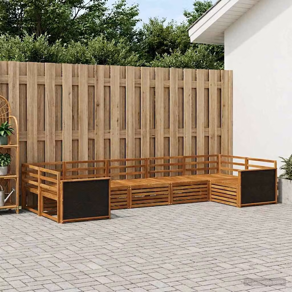 vidaXL Set di divani da esterno a forma di U composto da 7 pezzi in legno di acacia massello marrone con cuscini inclusi