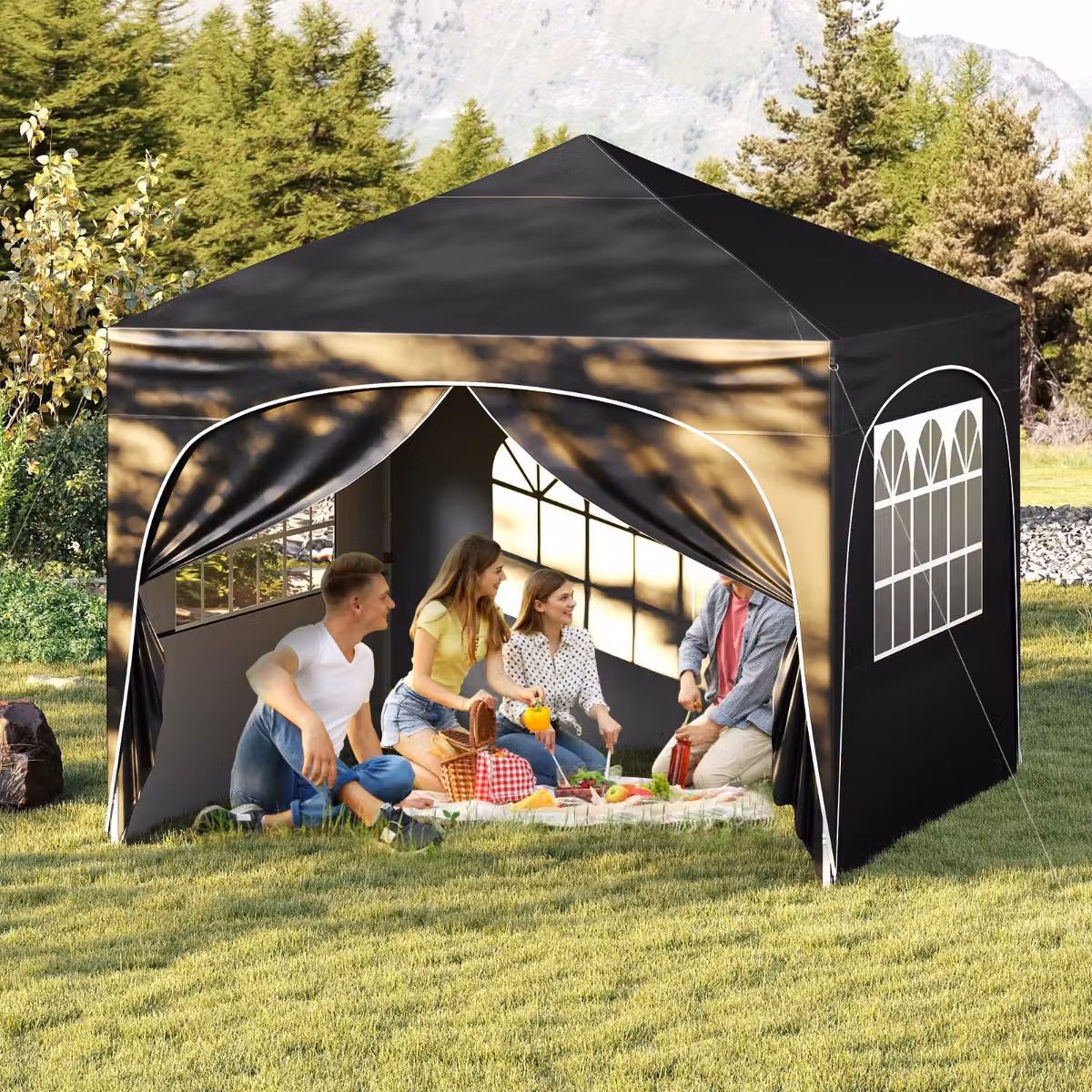 Gazebo Costway richiudibile con 4 pareti rimovibili e borsa con ruote, Riparo sole pieghevole Nero, L: 300 cm x P: 300 cm