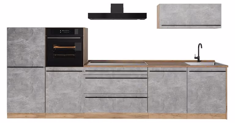 Cucina componibile Vicco R-Line Calcestruzzo/Rovere dorato 340 cm piano di lavoro Rovere dorato, Model 67298