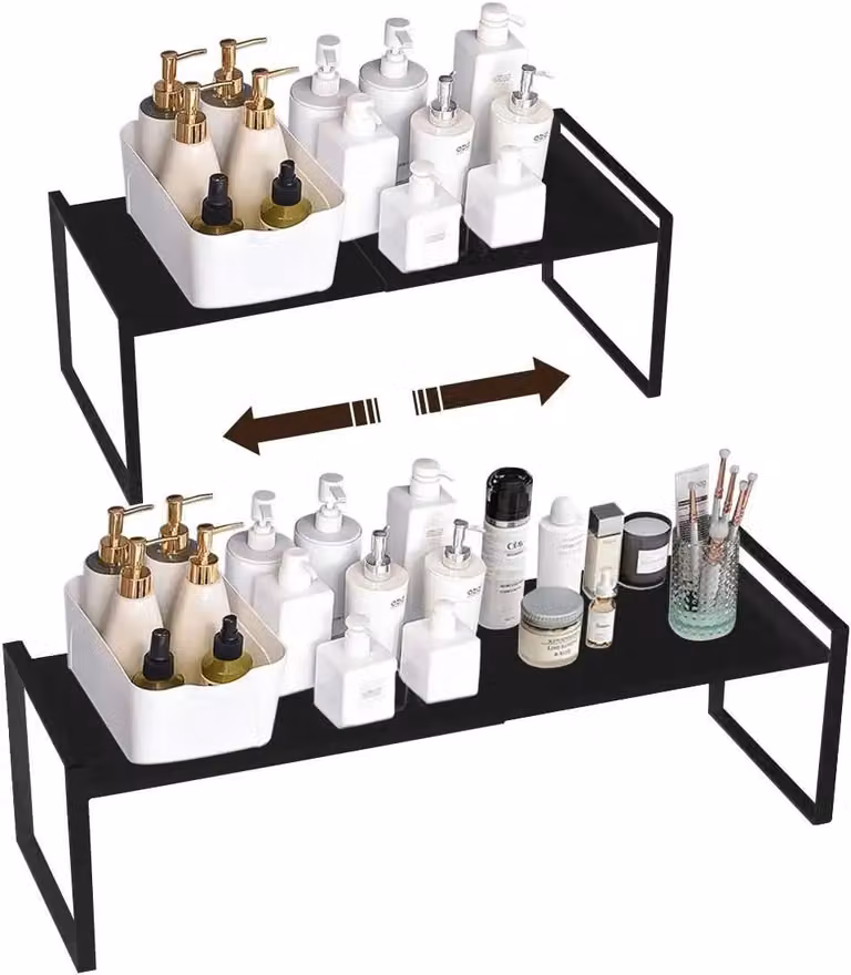 Organizer da cucina - Ripiano estraibile per armadio - Espandibile - Dimensioni regolabili 36–60×21×18 cm - Acciaio - Per piano di lavoro e dispensa - Nero