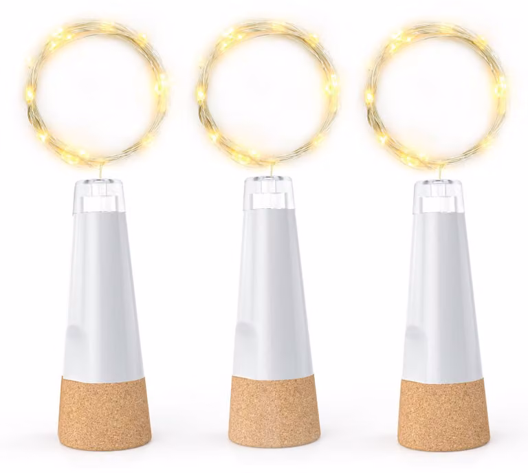 Illuminazione a LED per bottiglie con tappo, 2 metri, 20 luci, luce bianco caldo, confezione da 3