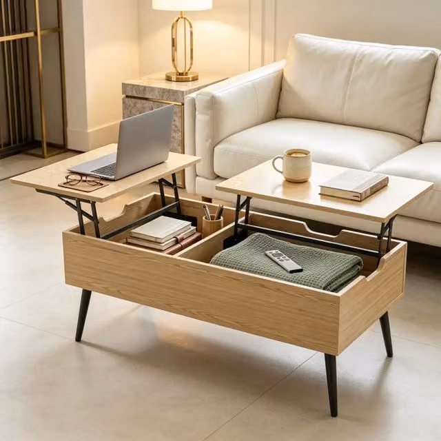 Tavolino basso alzabile con vani nascosti e piano sollevabile in legno effetto naturale e gambe nere 100 × 50 × 43.6 cm
