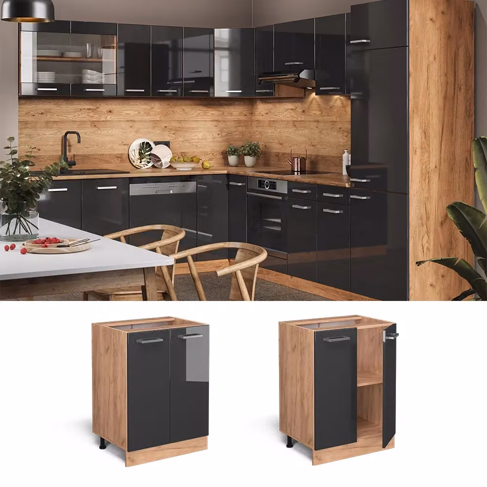 Mobiletto base cucina Vicco R-Line Antracite lucido e Rovere, L: 60 cm – 2