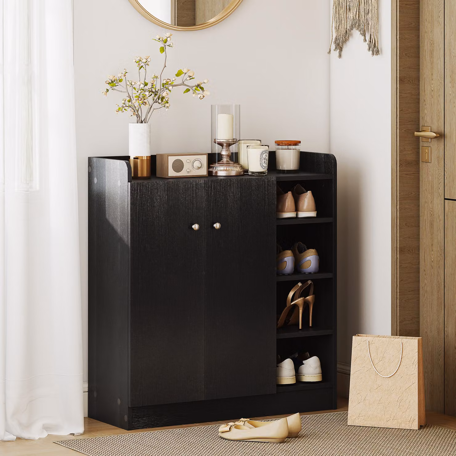 Scarpiera da ingresso Homcom in legno con 2 ante e 3 ripiani, Nero, L: 83 cm, P: 30 cm, H: 90 cm – 2