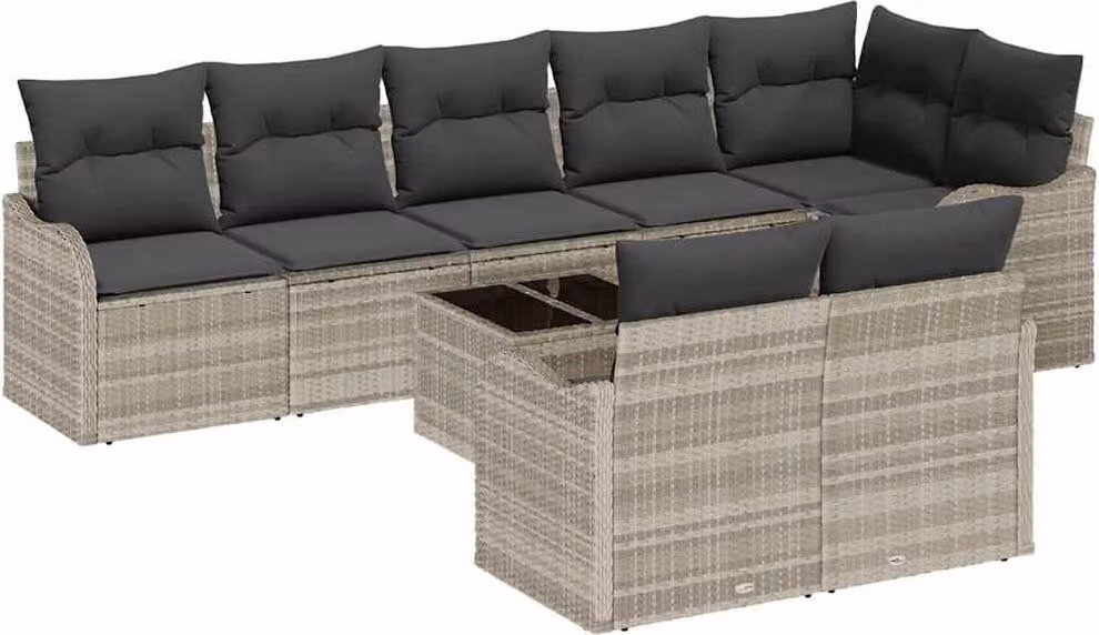 Set Divano da Giardino 9 pcs Grigio chiaro Poly Rattan