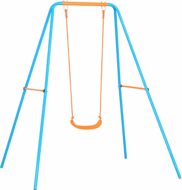 Altalena da giardino per bambini Outsunny in acciaio e PE con seggiolino e picchetti, Blu e Arancione, L 163 x P 145 x H 181 cm