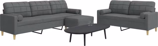 Set di divani vidaXL 3 pezzi con poggiapiedi e cuscini, tessuto grigio, design moderno per soggiorno – 2