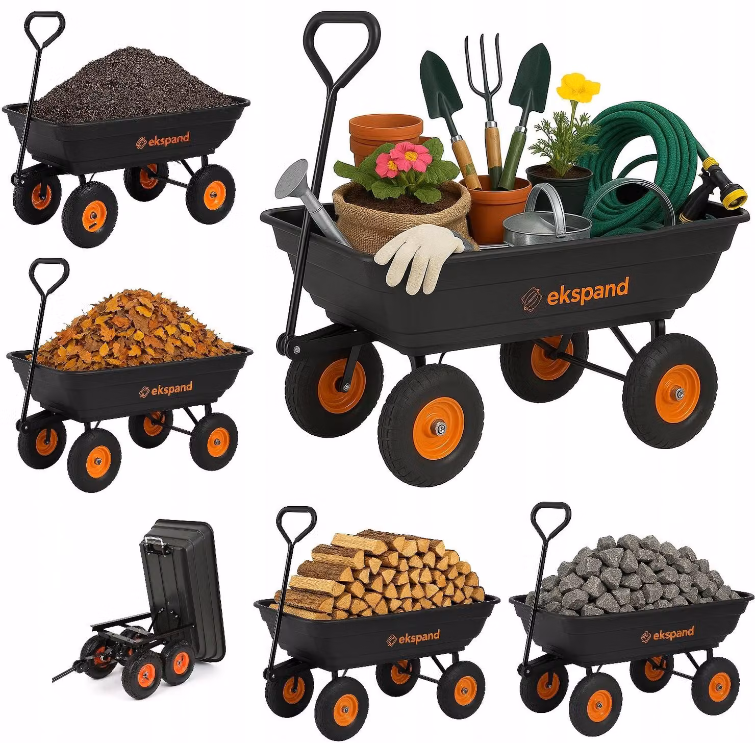Carretto a mano - Carretto pieghevole - Carretto da giardino 3 in 1 - Nero - 90 L - Struttura robusta - Elevata capacità di carico fino a 250 kg