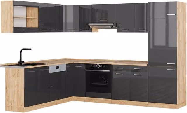 Cucina angolare moderna R-Line Vicco in antracite lucido e rovere dorato L/P/H: 287 x 227 x 60 cm