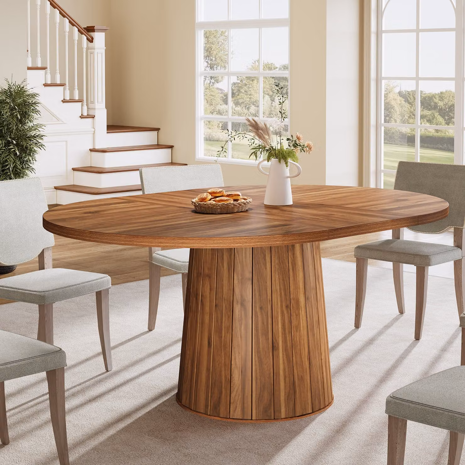 Tavolo da pranzo ovale Tribesigns per 6 persone, tavolo da pranzo in legno da 140 cm, tavolo da cucina rustico con piano in legno e base cilindrica, marrone