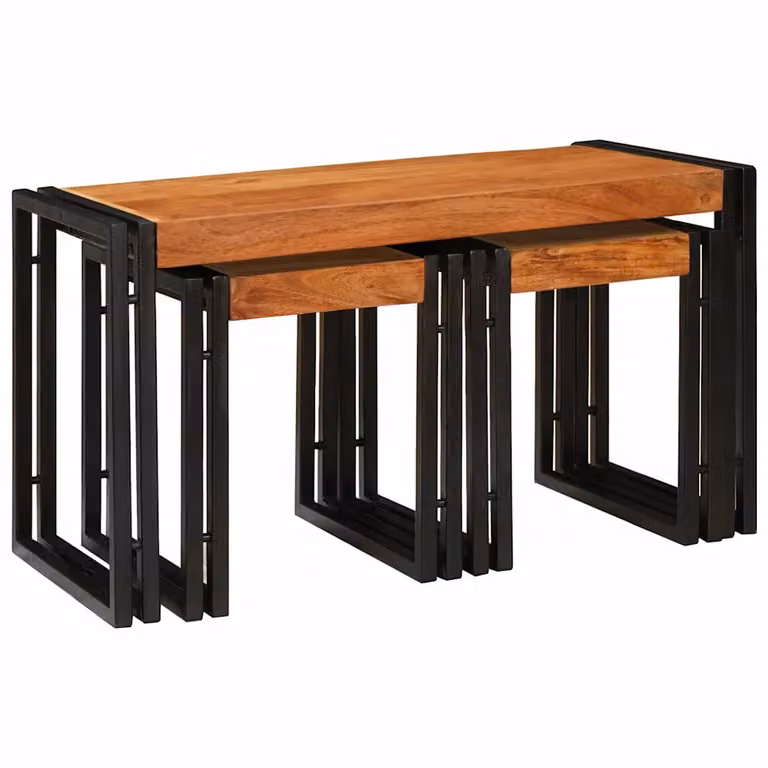 Set di 3 tavolini nesting vidaXL in legno di acacia e metallo, stile industriale, Marrone e Nero, L/P/H: 82 x 40 x 45 cm
