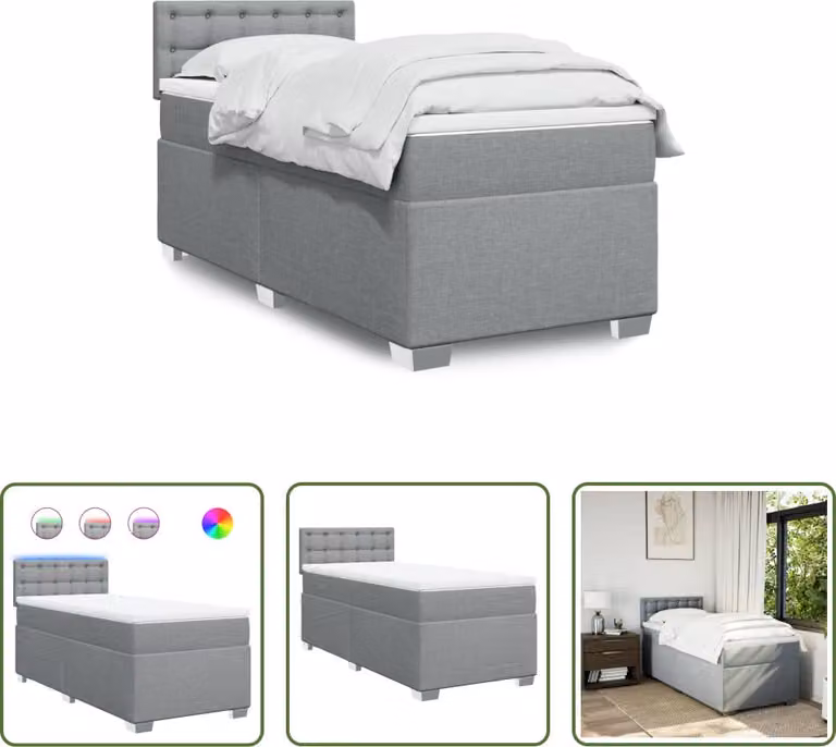 The Living Store Letto a molle con materasso grigio chiaro 100x200 cm in tessuto