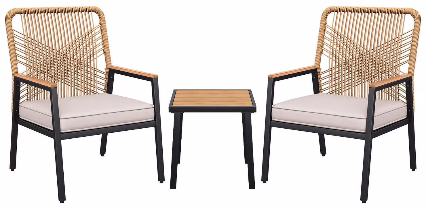 Set di mobili da giardino composto da 3 pezzi: set per balcone con 2 sedie e un tavolo, realizzato in rattan sintetico, con struttura in metallo, completo di cuscini per seduta, con una capacità di carico fino a 160 kg, colore beige chiaro