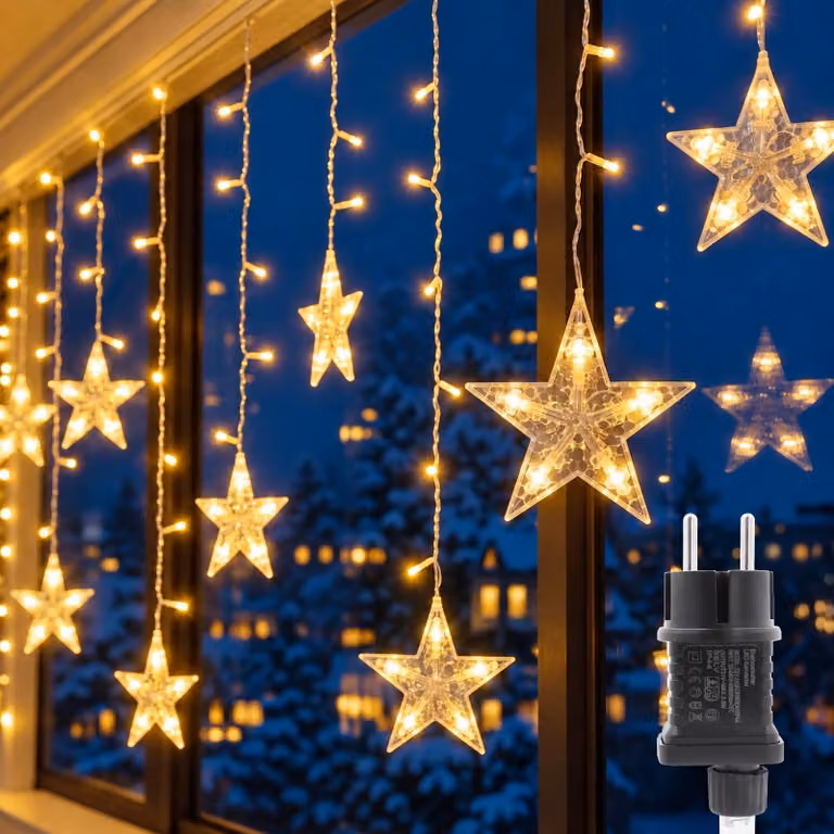 Tenda luminosa a LED, con 12 stelle, 120 LED, dimensioni 3 m x 0,75 m, luce bianco caldo