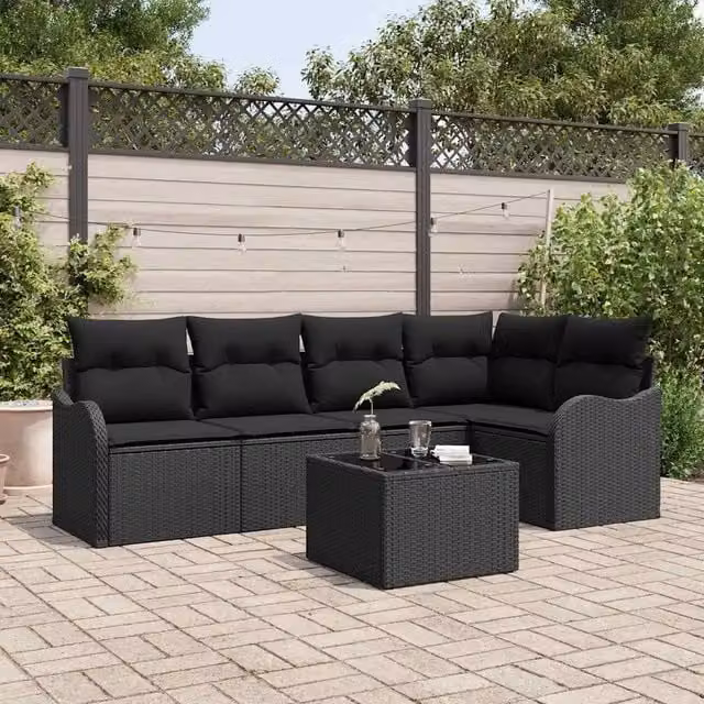 Set da giardino moderno vidaXL composto da 6 pezzi in rattan nero con struttura in acciaio e cuscini inclusi – 1