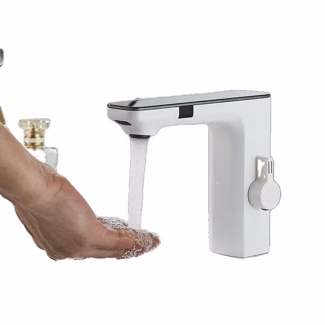 Rubinetto per lavabo, con attivazione a sensore, design contemporaneo, bianco