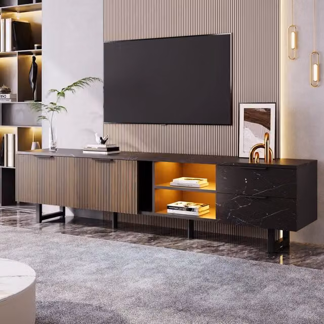 Mobile TV con LED multicolore, 2 ante, 2 cassetti e 2 vani, per soggiorno, MDF nero effetto marmo, 200 × 38 × 50 cm