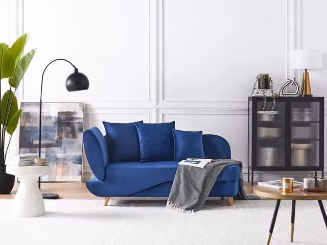 Chaise longue versione sinistra in velluto blu con contenitore soggiorno lato sinistro design moderno contemporaneo