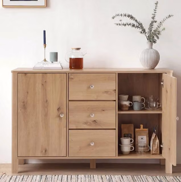 Credenza con 3 cassetti e 2 ante; finitura rovere; 120 x 40 x 80 cm