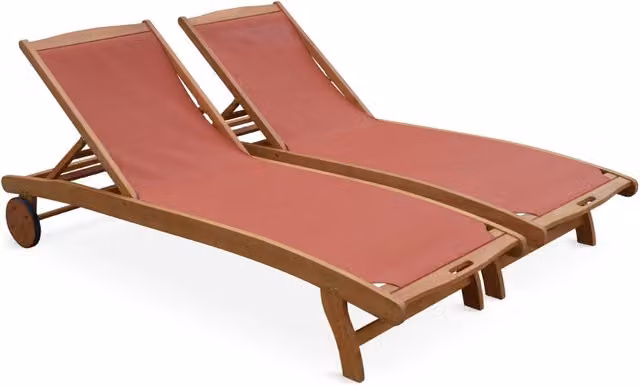 Set 2 lettini prendisole in legno multiposizione con ruote, terracotta