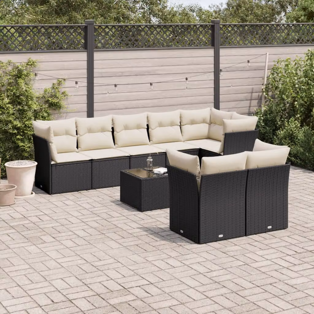 vidaXL Set Divani da Giardino a L 9 pz con Cuscini e Tavolino, Polyrattan e Acciaio Nero e Bianco – 1