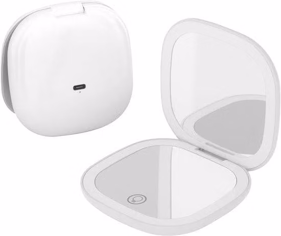 Specchio da viaggio compatto e ricaricabile con luce LED, zoom 10x, 3 livelli di luminosità, intensità regolabile, specchio touch USB-C (bianco)