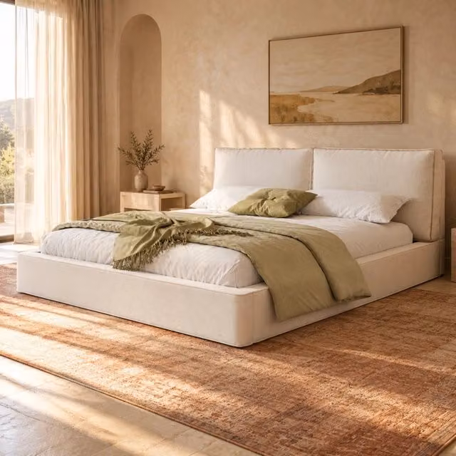 Letto matrimoniale con rete a doghe, testiera imbottita chenille beige 180x200 cm