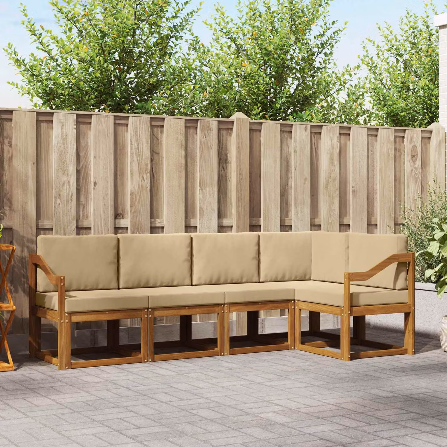 Set di divani da esterno vidaXL 5 pz in legno di acacia con cuscini, colore beige e marrone, design moderno a forma di L per giardino e terrazza