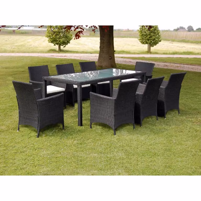 vidaXL Set da Pranzo da Giardino 9 pz in Polyrattan Nero con Cuscini e Tavolo in Vetro
