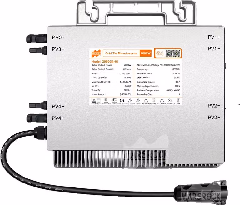 microinverter 2000W, alta efficienza 96,5%, impermeabile IP67, 2000W, corrente alternata 230V, corrente continua 22-50 V