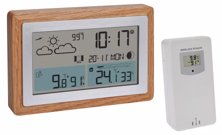 Stazione meteorologica Funk-WAK con sensore esterno, struttura in legno, display della temperatura e sveglia