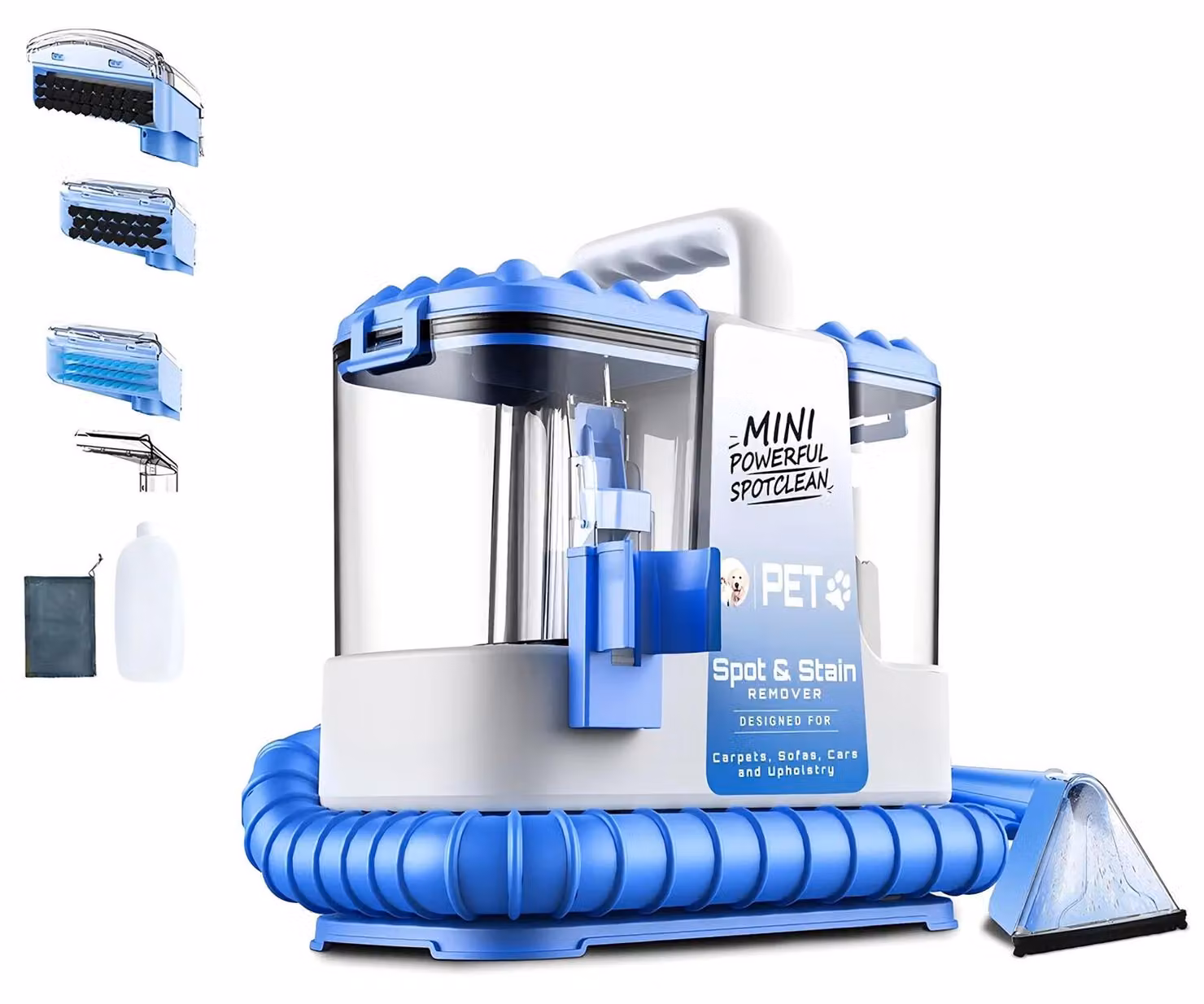 Aspirapolvere per tappeti e imbottiti - Aspirapolvere portatile per uso umido e a secco - Potenza di aspirazione: 32 kPa - Potenza: 600 W - Accessori per la pulizia 5-in-1 - 4-5 bocchette - Colore: blu