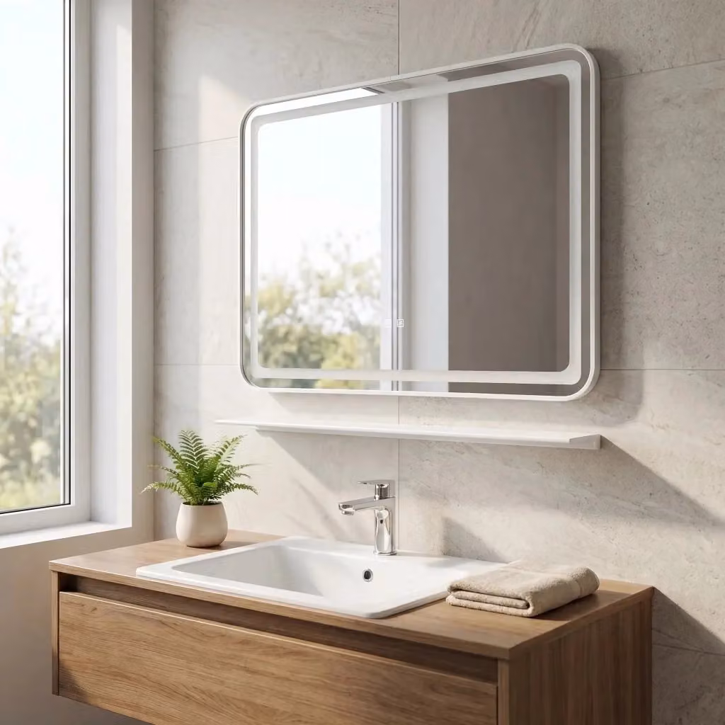 Specchio da parete Rea con mensola e luce LED dimmerabile con touch switch, rettangolare, bianco, L: 80 cm, H: 60 cm – 2