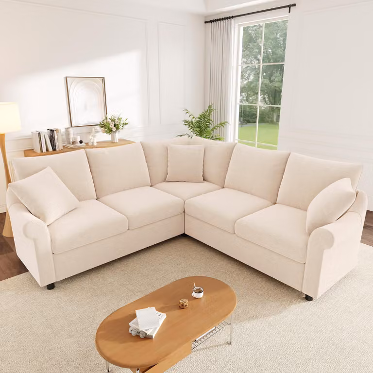Divano angolare a forma di L, divano letto con meccanismo per trasformazione in letto e contenitore per biancheria, divano a 5 posti, dimensioni 217 x 217 x 83 cm, colore beige, tessuto chenille