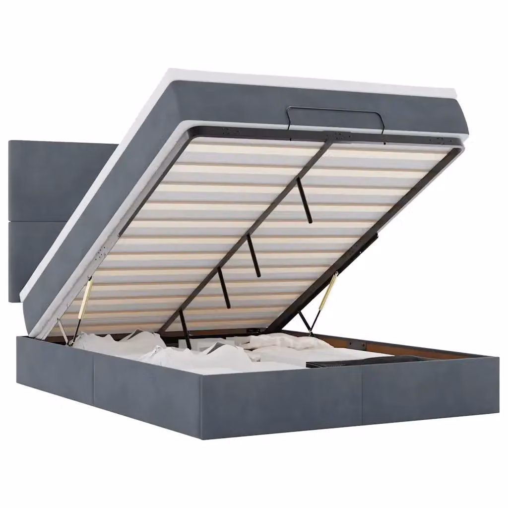 Letto con contenitore a sollevamento vidaXL in velluto grigio e bianco con porta USB e illuminazione sottostante L/P/H: 203 x 144 x 128 cm – 2