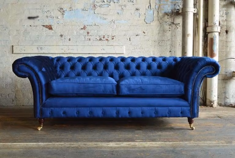 XXL Big Sofa 3 Sitzer Couch Chesterfield Polster Sitz Garnitur Leder Blau