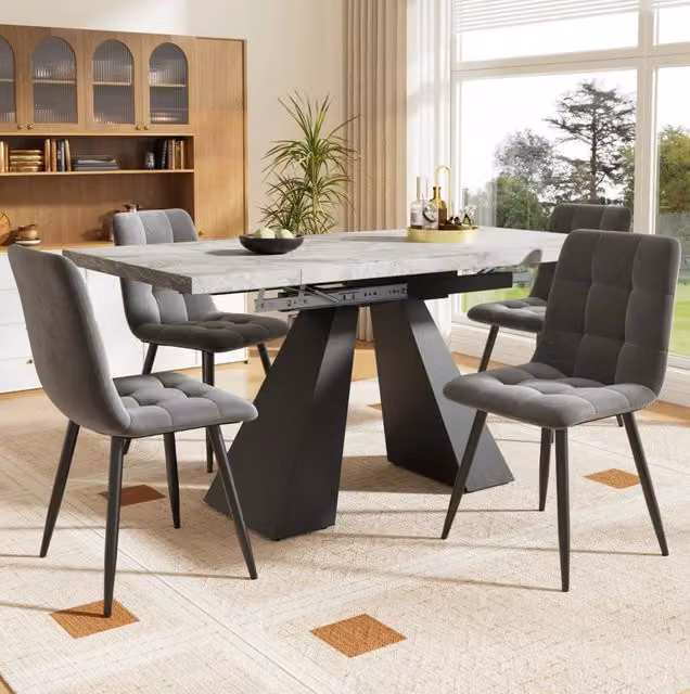 Set tavolo da pranzo allungabile con 4 sedie in velluto; 99-159x74x77 cm; nero e grigio