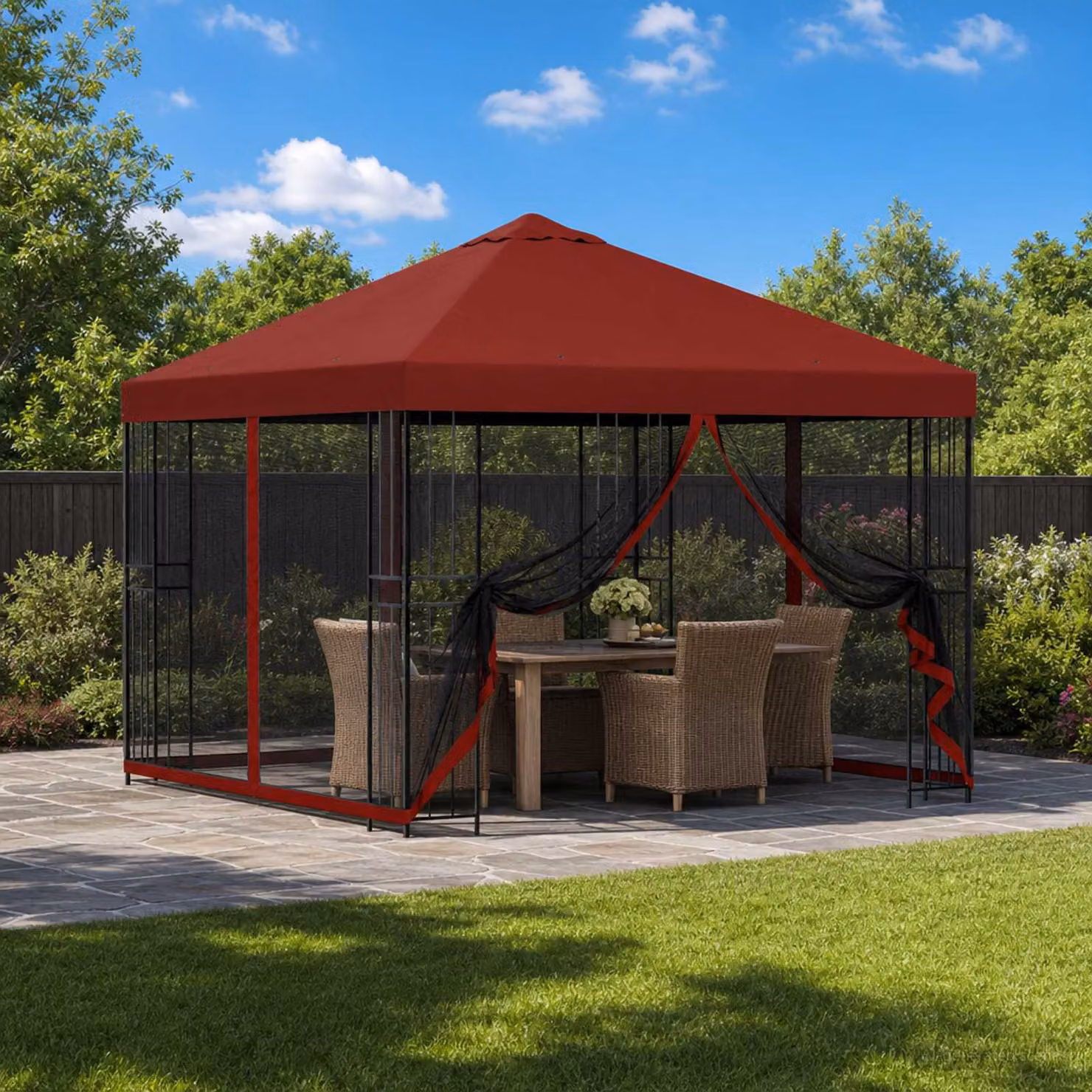 Gazebo da giardino vidaXL con pareti laterali in poliestere e struttura in acciaio zincato, L/P/H: 300 x 300 x 276,5 cm, Rosso e Nero