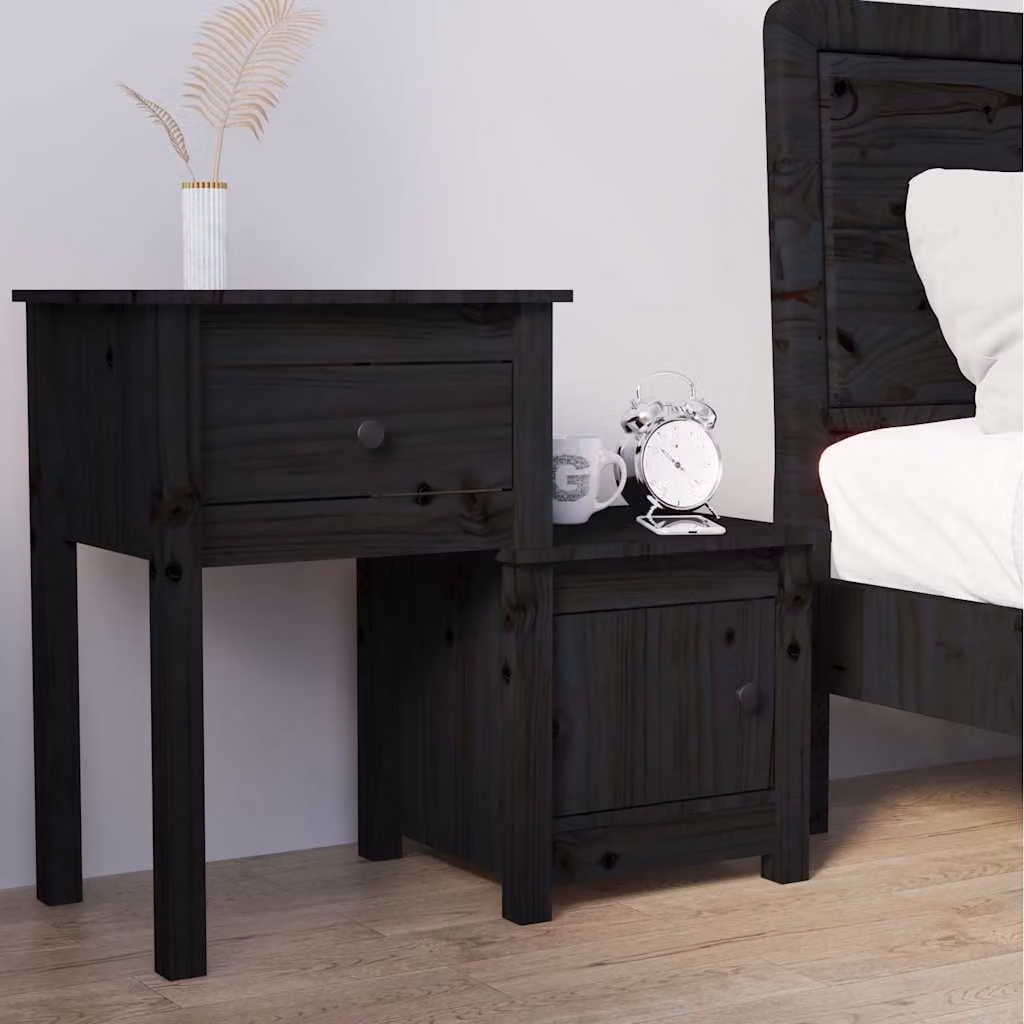 vidaXL Comodino Nero in Legno di Pino Massello L: 79,5 cm, P: 38 cm, H: 65,5 cm