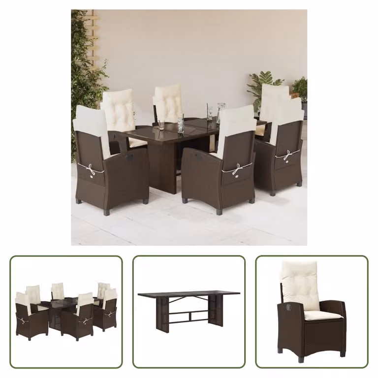 The Living Store Set da pranzo da giardino 7 pezzi con cuscini in polirattan marrone