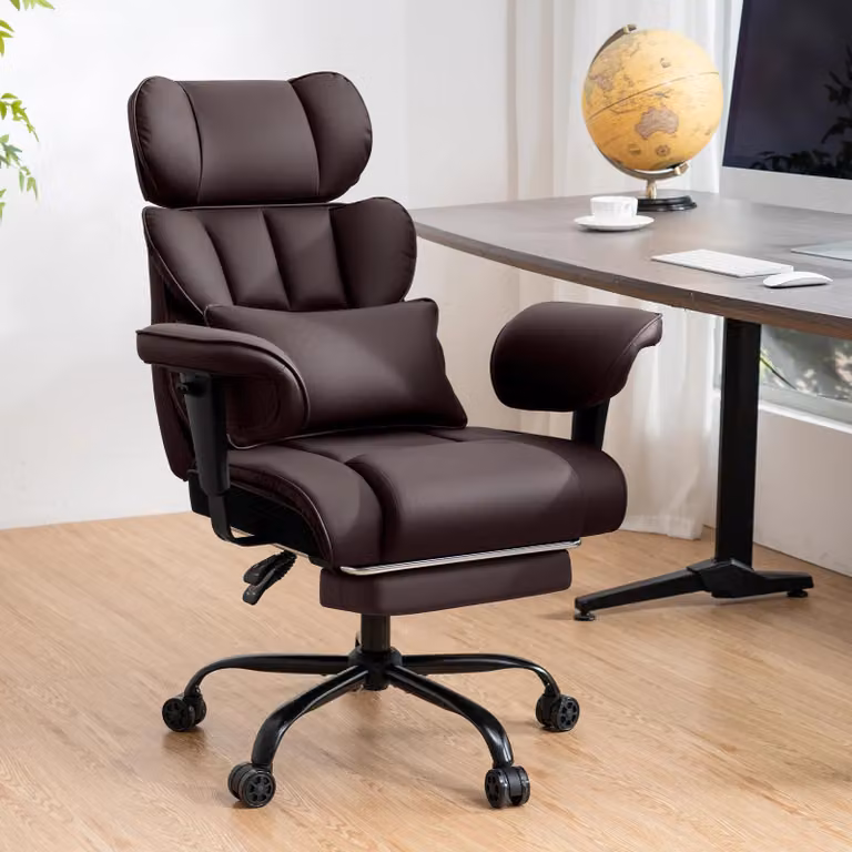 Sedia da ufficio ergonomica - Poltrona da direttore - Portata massima: 200 kg - Supporto lombare regolabile - Poggiapiedi - Pelle - Marrone