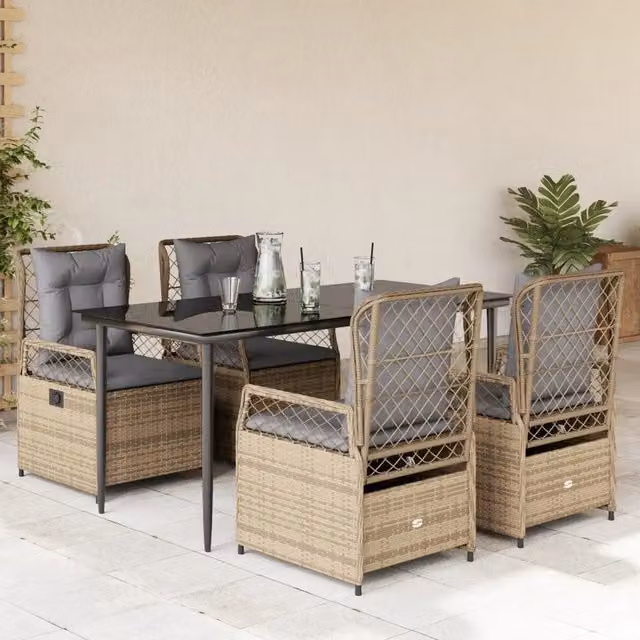 Set da pranzo da giardino vidaXL in polyrattan con cuscini beige e piano in vetro per 5 persone – 1