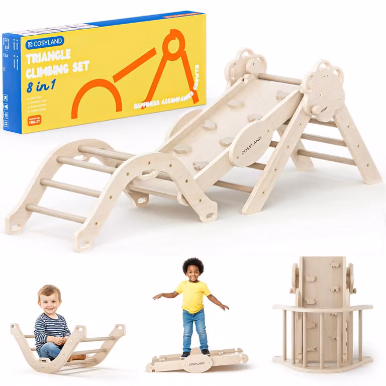 COSYLAND, struttura per arrampicata in legno Montessori 8-in-1, adatta a bambini dai 18 mesi in su – triangolo per arrampicata con