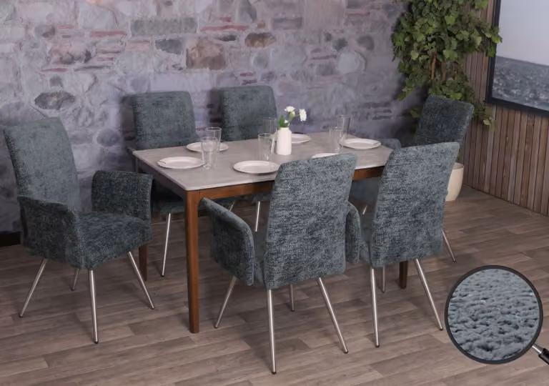 Set di 6 sedie da pranzo modello HWC-G55, con braccioli, in acciaio inossidabile spazzolato e rivestite in tessuto chenille, colore blu-verde